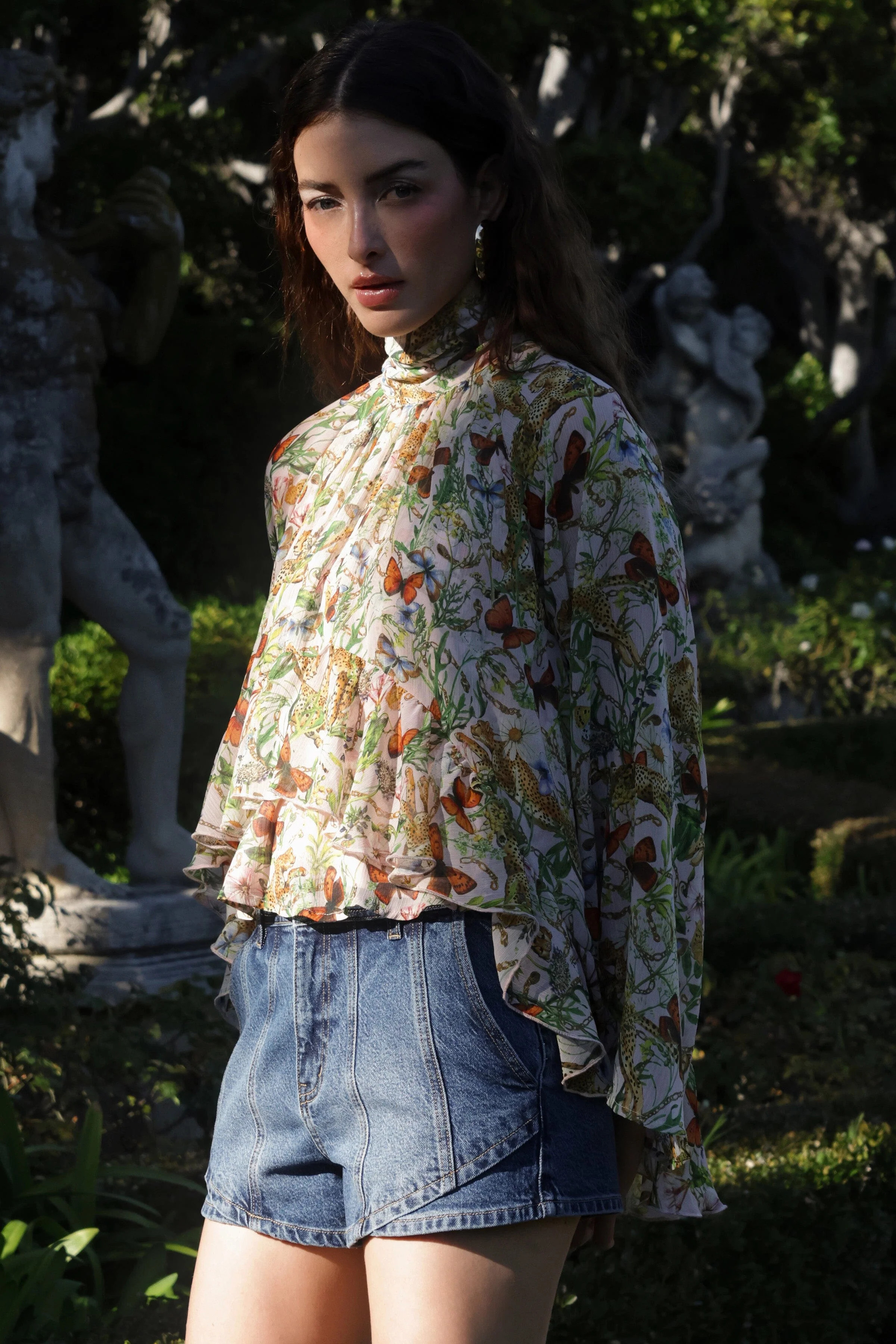 Botanical Print Chiffon Ruffle Blouse | Avec Les Filles