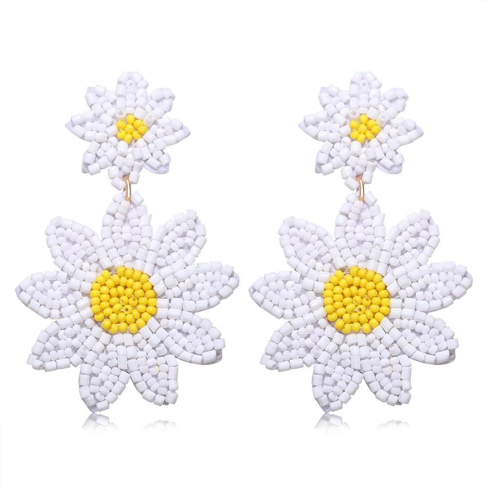 Flower Beaded Drop Earrings Handmade Tiny Gold Beads Statement Earrings for Women Girls Fun Light... | Amazon (US)