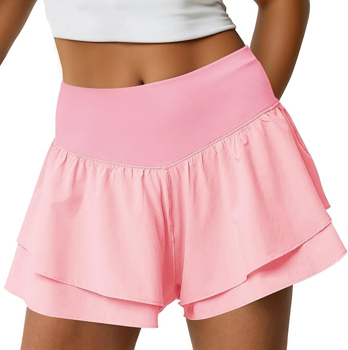 Fisoew Womens High Waisted Athletic Shorts Ruffle Tiered Running Workout Tennis Shorts with Build... | Amazon (US)
