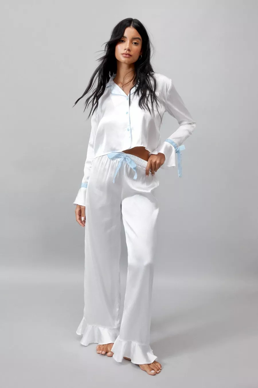 Satin Contrast Velvet Tie Cuff Pajama Shirt and Pants Set | Nasty Gal (US)