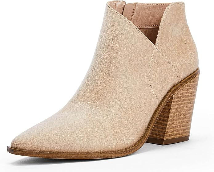 Womens Pointed Toe Ankle Boots Block Stacked Chunky Heel Cutout Side Zipper Fall Booties Shoe | Amazon (US)