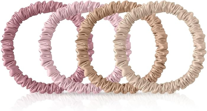 4Pcs 100% Mulberry Silk Scrunchies Hair Care, 22 Momme Mulberry Silk Skinny Hair Ties Elastic, Ha... | Amazon (US)