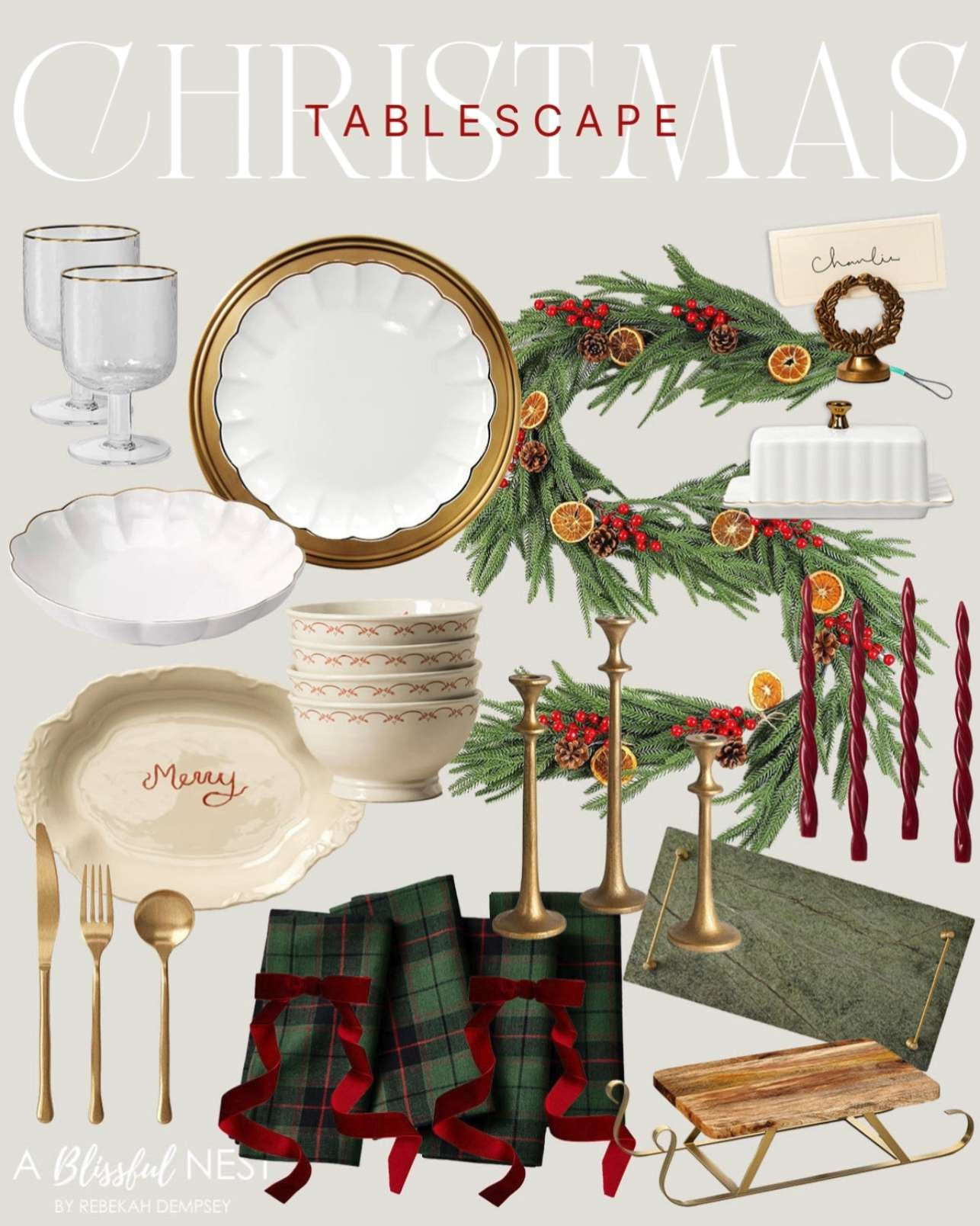Create a magical holiday moment with a tablescape full of texture and sparkle. Shop the look on LTK.
green tartan napkins, golden chargers, scalloped dinner plate gold rim, gold flatware, sleigh figural serving board, ribbed butter dish, stemmed wine glass, merry stoneware scalloped platter, coronet dinner bowls, laurel place card holder, forest marble and brass serving tray, iron taper candle holder, red twisted taper candle set, red velvet bow napkin ring, artificial Norfolk pine garlands 

 #LTKHoliday #LTKSeasonal #LTKHome