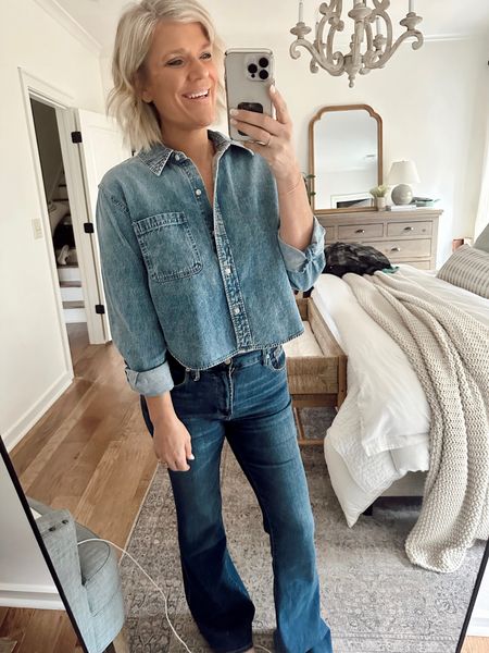 Denim on denim outfit // Wearing flare jeans with denim shirt from Target -it is a bit cropped, wearing size medium  

#LTKSeasonal #LTKfindsunder50 #LTKover40