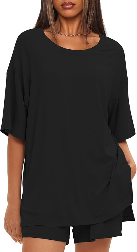 Darong Women's Two Piece Loungewear Set Summer Casual Boxy Shirts Drawstring Shorts Matching Airp... | Amazon (US)