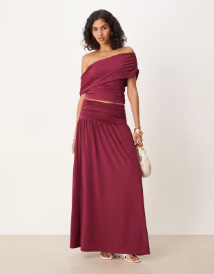 ASOS DESIGN drop waist ruched maxi skirt in berry - part of a set | ASOS (Global)