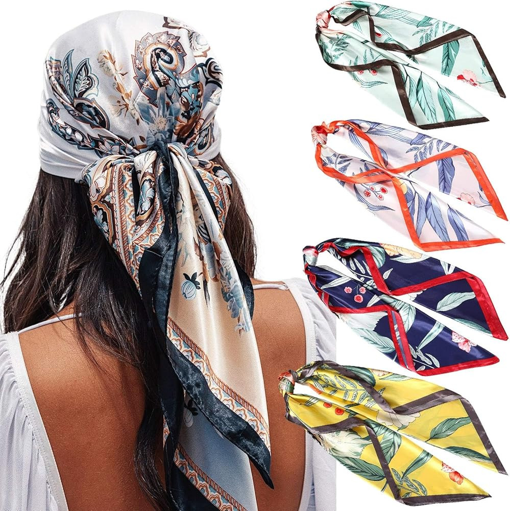 AWAYTR 35\u201d Satin Large Square Head Scarves - 4PCS Silk Like Neck Scarf Hair Sleeping Wraps S... | Amazon (US)