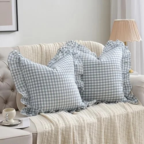 2 Pack Blue White Plaid Ruffle Throw Pillow Covers Farmhouse Checkered Chic Washed Cotton Pillowc... | Walmart (US)