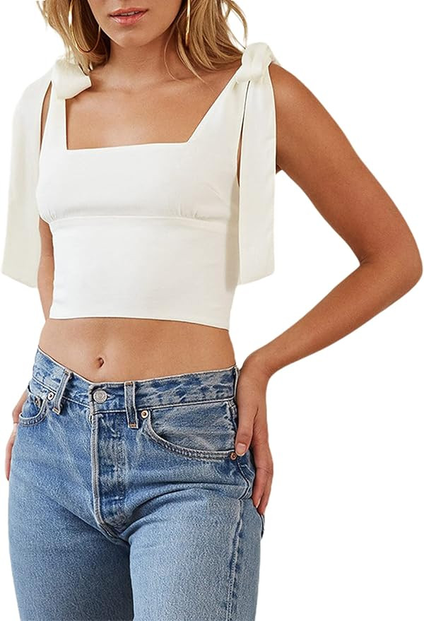 Avanova Women's Sexy Bustier Crop Top Strappy Tie up Shoulder Sleeveless Asymmetrical Clubwear | Amazon (US)