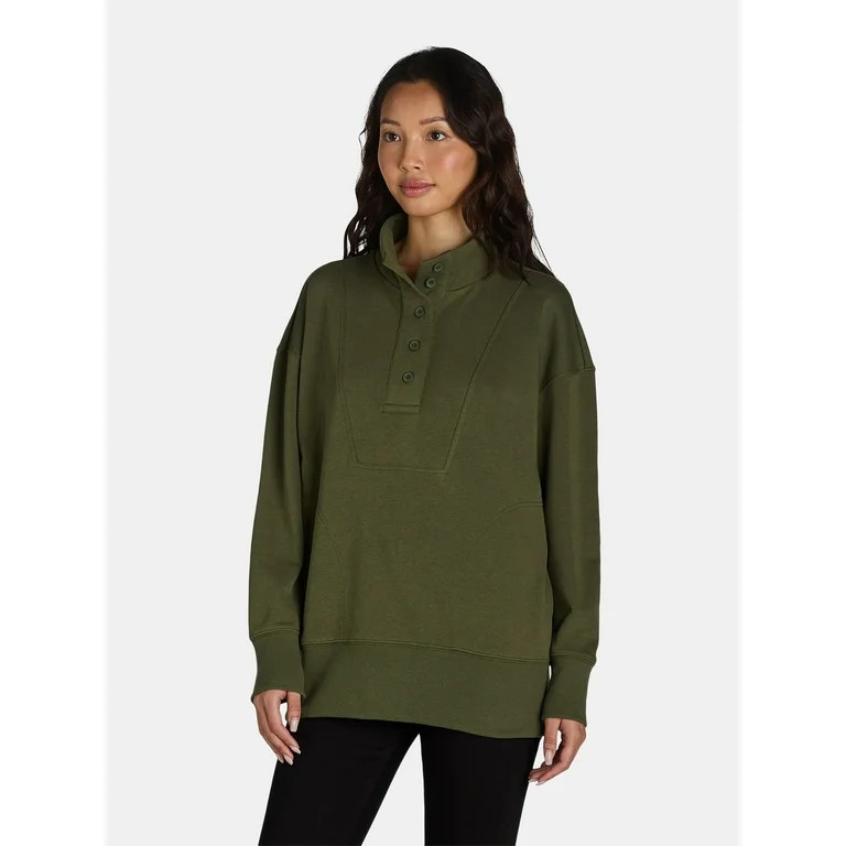 Time and Tru Women's Mock Neck Sweatshirt with Button Placket, Sizes XS-XXXL - Walmart.com | Walmart (US)
