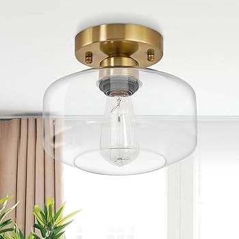 Modern Gold Clear Glass Shade Ceiling Light Fixture, Brass Canopy Semi Flush Mount Ceiling Light,... | Amazon (CA)