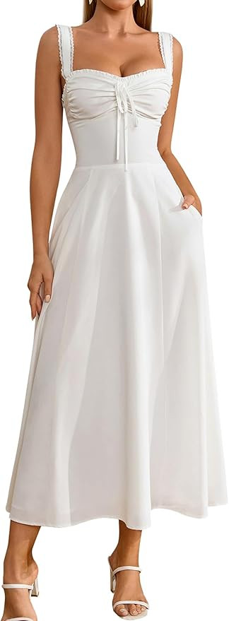 KUTUMAI Floral Corset Midi Dresses for Women 2026 Lace Up Flowy Summer Wedding Guest Dress with P... | Amazon (US)