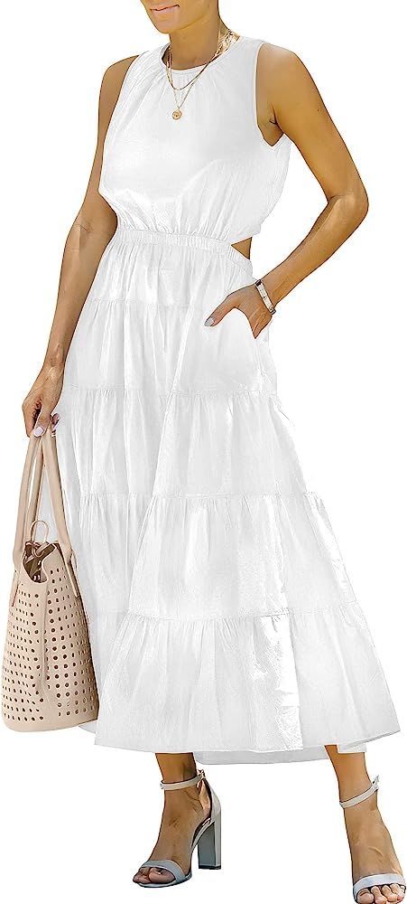 ANRABESS Womens Summer Sleeveless Cutout Maxi Dress Crewneck Tiered Flowy A-Line Sundress with Po... | Amazon (US)