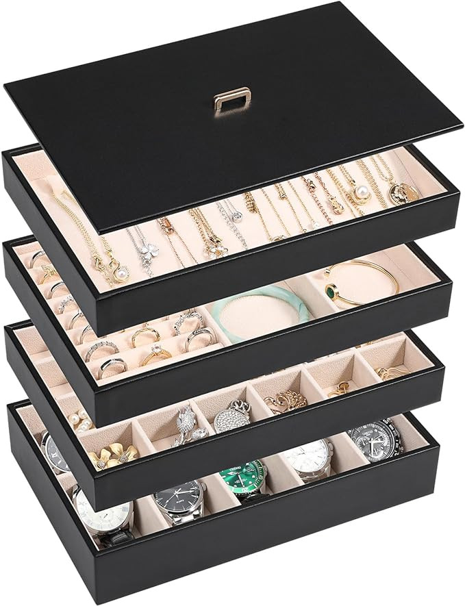 Voova Stackable Jewelry Organizer Tray with Lid, PU Leather Jewelry Storage Holder for Drawer Ins... | Amazon (US)