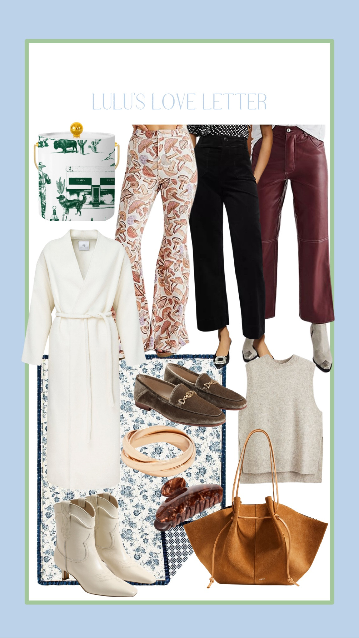 🤍Target  C&F Home Colonial Williamsburg Stafford 50" x 60" Throw Blanket / floral quilt 
🤍Sam Edelman mushroom / smokey blue Loraine Prima Bit Loafer
🤍Sam Edelman western bootie. white leather or chestnut suede, black suede, red ankle cowboy boots. Kitten heels, dupe Khaite Dallas ankle boot 
🤍H&M sleeveless sweater top / vest 
 🤍Anthropologie Maeve The Colette Cropped Wide-Leg Corduroy Pants
🤍Anine Bing The Hunter wool-cashmere blend coat 
🤍Kitsch brown marble claw clip / hair clip Shopbop 
🤍Shashi vera ring, gold trio ring, Shopbop , cartier dupe 
🤍Katie Kime Marfa, TX toile ice bucket 
🤍Free People The It Factor Vegan Pants red
🤍Free People Just Float On Printed Flare Jeans 
🤍Yuzefi butterscotch suede Mochi Large Tote

#LTKunder100 #LTKhome #LTKwedding