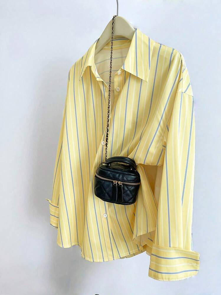 Casual Women's Yellow And Blue Striped Long Sleeve Drop Shoulder Collared Polyester Shirt Blouse With Button Details Regular Length | SHEIN