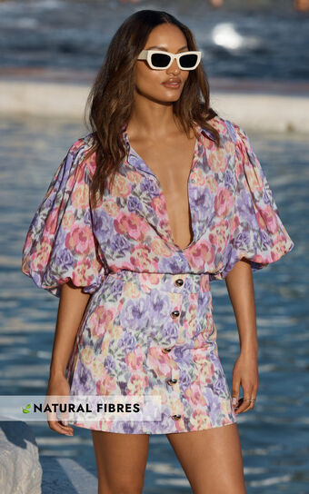 Amalie The Label - Sabine Puff Sleeve Button Through Blouse in Aurora Print | Showpo (US, UK & Europe)