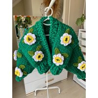 Dark Green Lotus Flower Jacket , Chunky Cardigan, Fluffy 3D Knit , Unique, Multicolored Floral Cardi | Etsy (CAD)