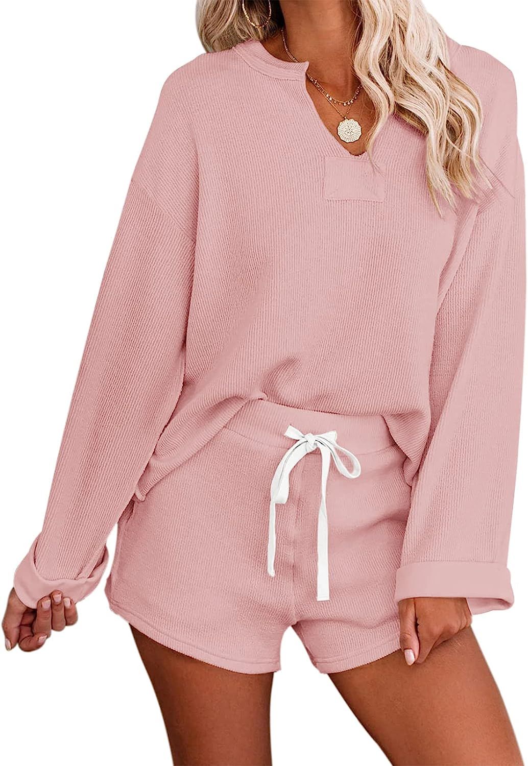 MEROKEETY Women's Long Sleeve Pajama Set Henley Knit Tops and Shorts Sleepwear Loungewear | Amazon (US)