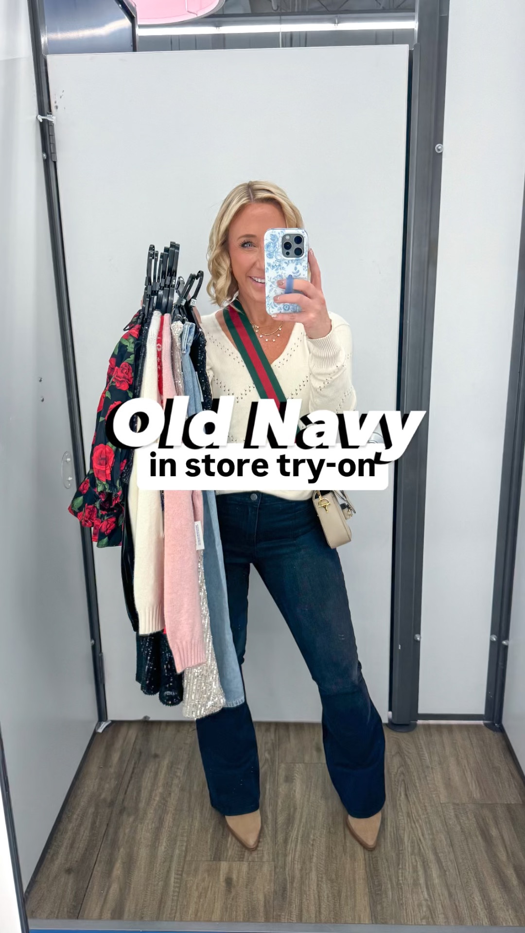 Old Navy try-on… and everything is 59% off!
1. Adore sweater - size small.
2. sequin skirt - size XS in the champagne color & a small in the black (preferred the small).
3. Red fair isle sweater - size small. 
4. Adore sweater - size small.
5. Sequin dress - size small. Open back.
6. V-neck floral blouse - size small.
7. Lace top - size small. Comes with an attached cami. 
8. Silver heels - tts & actually comfortable with a block heel  
** black flare jeans (NOT Old Navy) - size 4, regular length. 

#LTKCyberWeek #LTKWatchNow #LTKHoliday