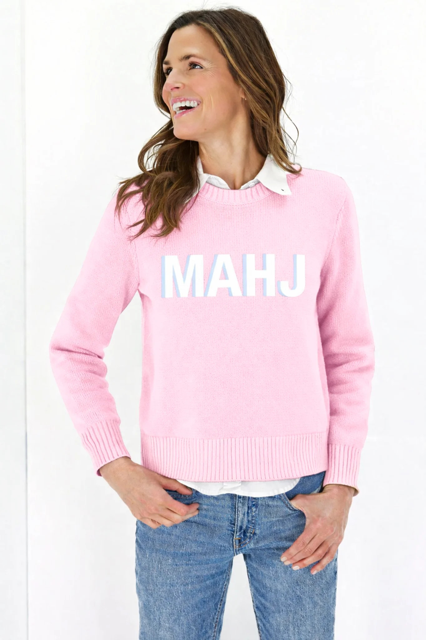 Mahjong Sweater with 'MAHJ' in Light Pink and White | Duffield Lane