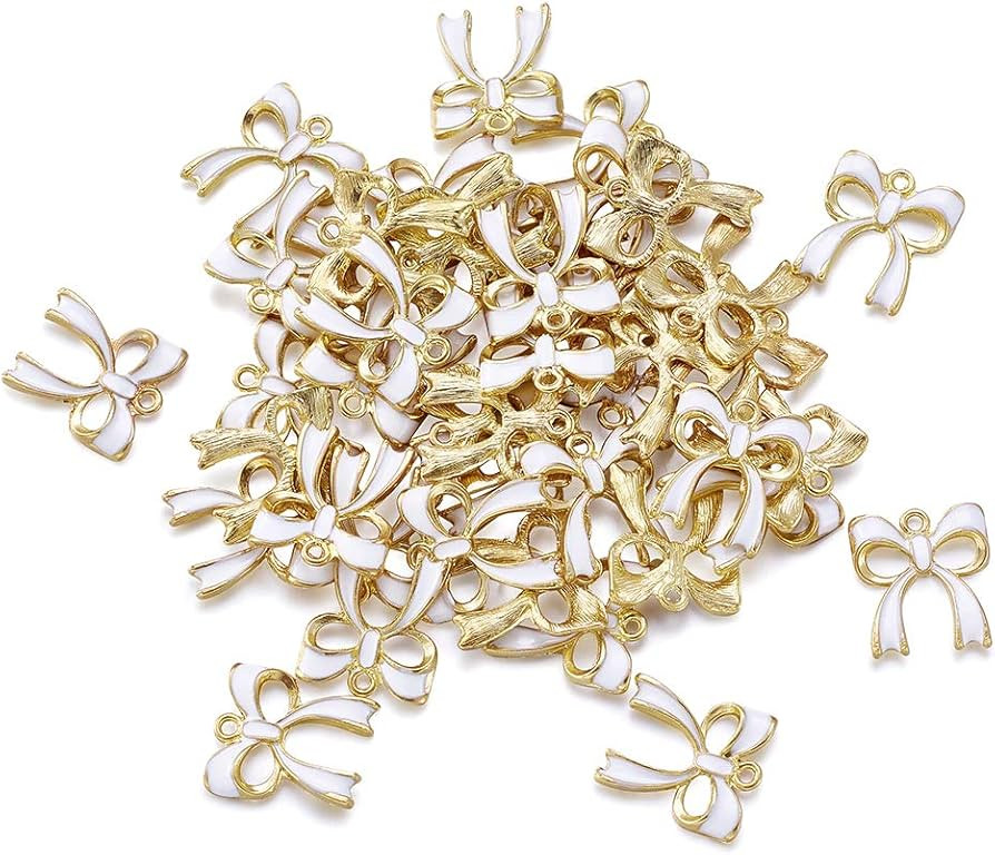 Pandahall 100pcs Bowknot Alloy Enamel Charms 19.5x17.5x3mm White Bowknot Gold Plated Dangle Charm... | Amazon (US)