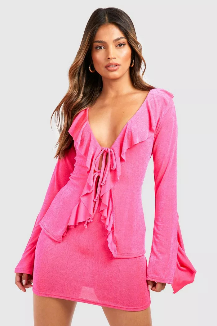 Textured Slinky Ruffle Shirt & Mini Skirt | Boohoo.com (US & CA)