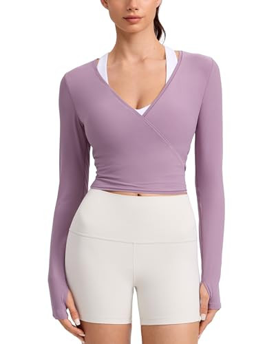 CRZ YOGA Cloudweight Wrap Shirts for Women - Workout Yoga Pilates Casual Long Sleeve Tops Cross V Neck Tie Soft Tees Light Lavender Medium | Amazon (US)