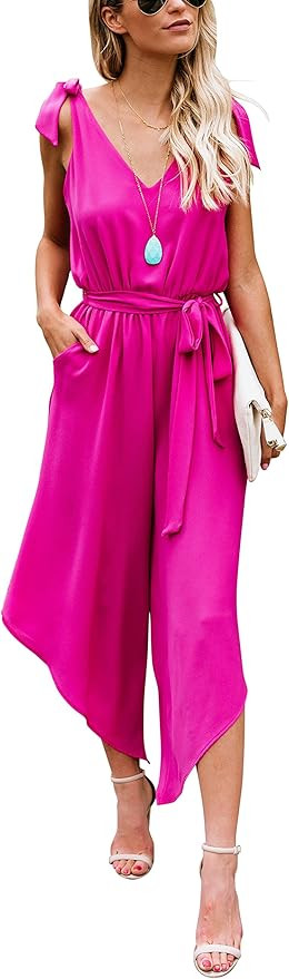 BELONGSCI Women Outfit Sleeveless Shoulder Bandage Waistband Sexy V-Neck Wide Leg Long Jumpsuit w... | Amazon (US)