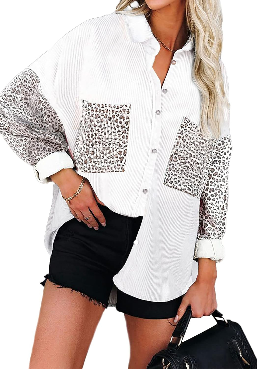 BTFBM Women V Neck Button Down Shirts Casual Long Sleeve Lapel Contrast Leopard Print Ribbed Knit... | Amazon (US)