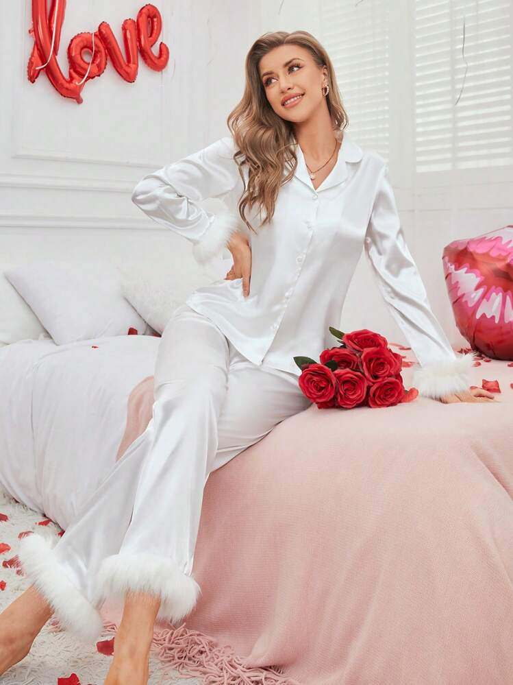 Fuzzy Decorated Satin Pajama Set White Set, Fall Winter Clothes Cozy And Elegant Details | SHEIN