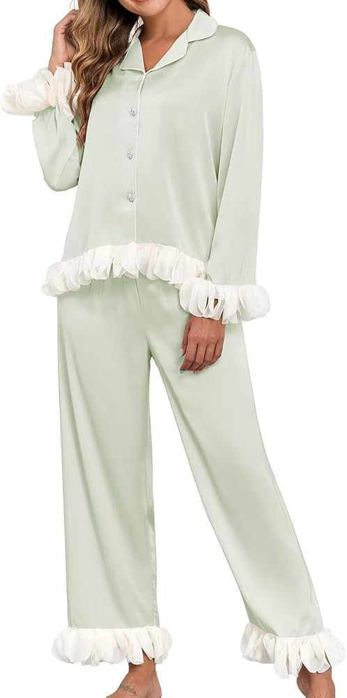 Brosloth Womens Silk Pajamas Long Sleeve Button Up Pajama Cute Soft Satin Fall Pjs Sets 2 Piece L... | Amazon (US)