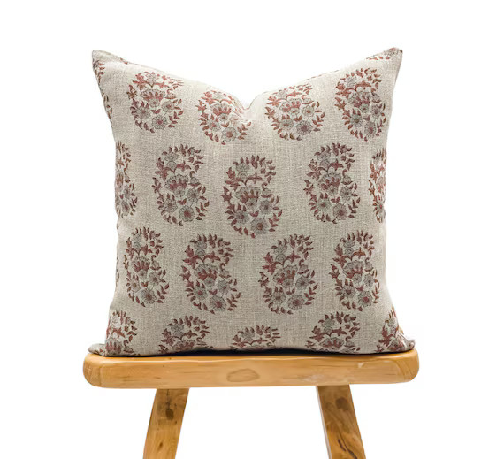 Designer Floral Rust Saffron With Blue Grey on Natural Linen - Etsy | Etsy (US)