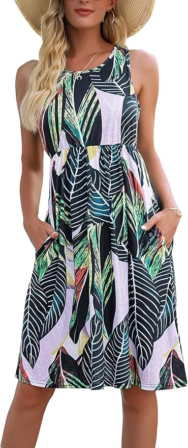 OURS Women Summer Sleeveless Floral Print Racerback Midi Sun Dresses with Pocket | Amazon (US)