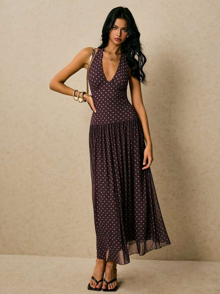 Poéselle Women's Burgundy Polka Dot Polka Dot Print Casual 70s Retro 70s Retro Sleeveless Long Dress Party Holiday Vacation Summer Holiday | SHEIN