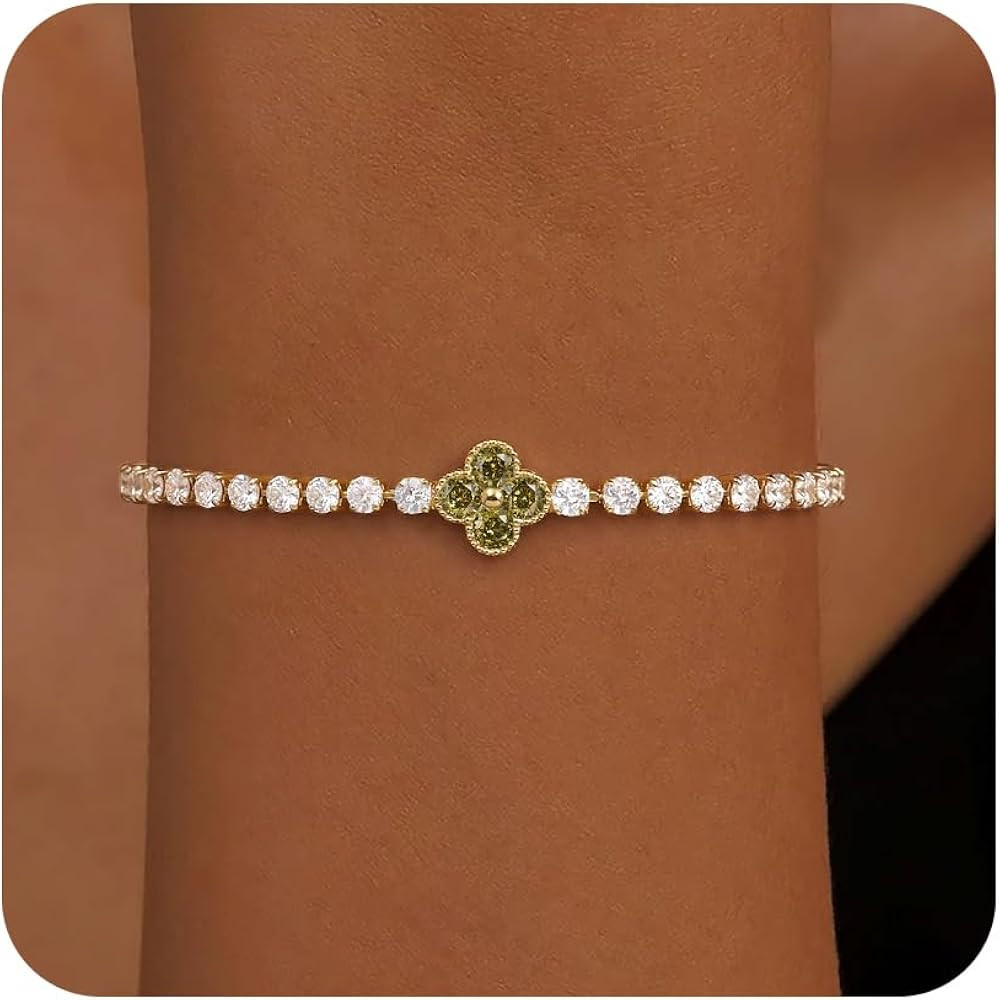 Birthstone Gold Tennis Bracelets for Women Trendy Dainty Clover Bracelet | Amazon (US)