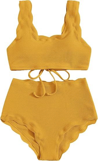 SweatyRocks Women's 2 Pieces Swimsuit High Waist Scalloped Trim Lace Up Bikini Set | Amazon (US)