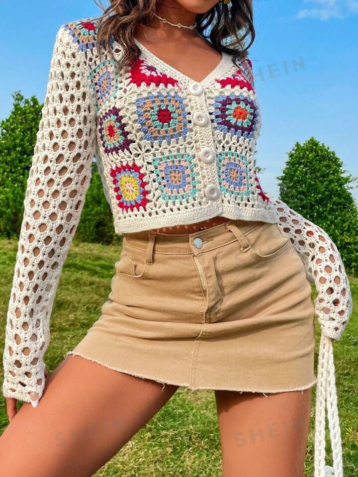 Crochet Flower Patchwork Hollow Out Knitted Cardigan | SHEIN