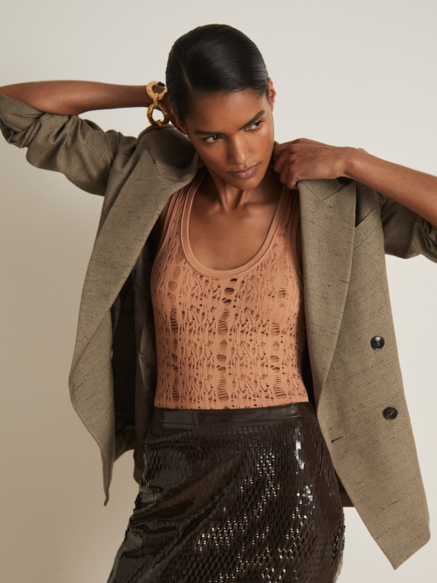 Atelier Ladder Knit High Neck Bodysuit in Tan | Reiss UK