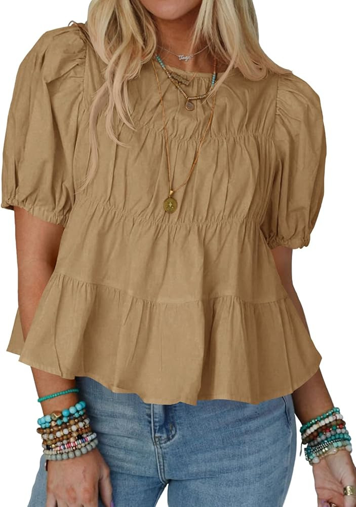 Tankaneo Womens Puff Sleeve Peplum Babydoll Tops Summer Smoked Pleated Cotton T-Shirts Casual Loo... | Amazon (US)