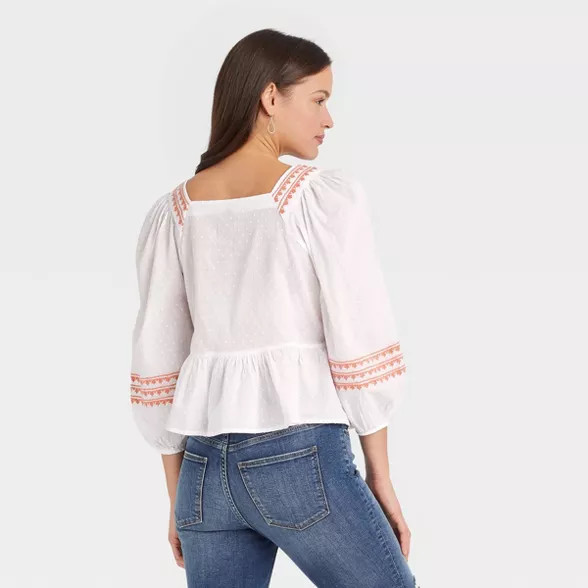 Women's Balloon 3/4 Sleeve Embroidered Peplum Blouse - Universal Thread™ White Floral X... | Target