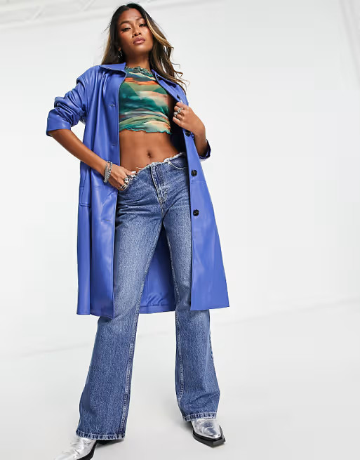 Bershka faux leather trench coat in bright blue | ASOS (Global)
