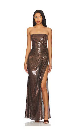 Twisted Sequined Strapless Gown in Chocolate | Brown Maxi Dress | Brown Wedding Guest Dress | Revolve Clothing (Global)