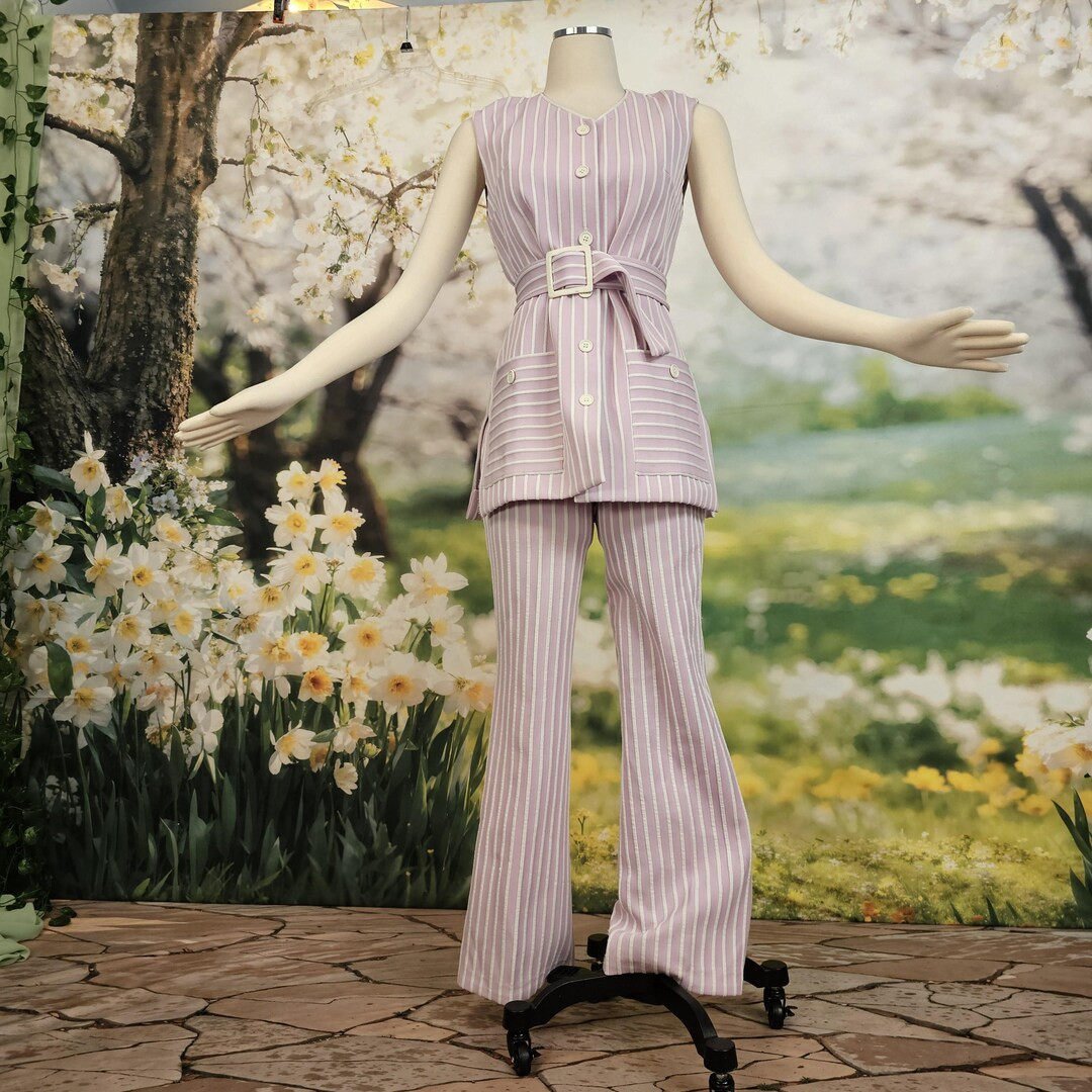 Vintage 1970's Pantsuit Leisure Suit Sleeveless Tunic Top Belt Flare Bottom Pants Pink Striped - ... | Etsy (US)
