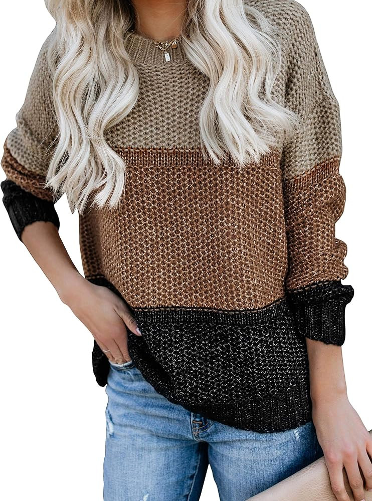 Ybenlow Womens Color Block Oversized Crewneck Sweaters Striped Long Sleeve Loose Chunky Knitted P... | Amazon (US)