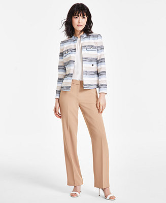 Women's Striped Tweed Collarless Jacket, Pleat-Front Sleeveless Top & Straight-Leg Trousers | Macy's