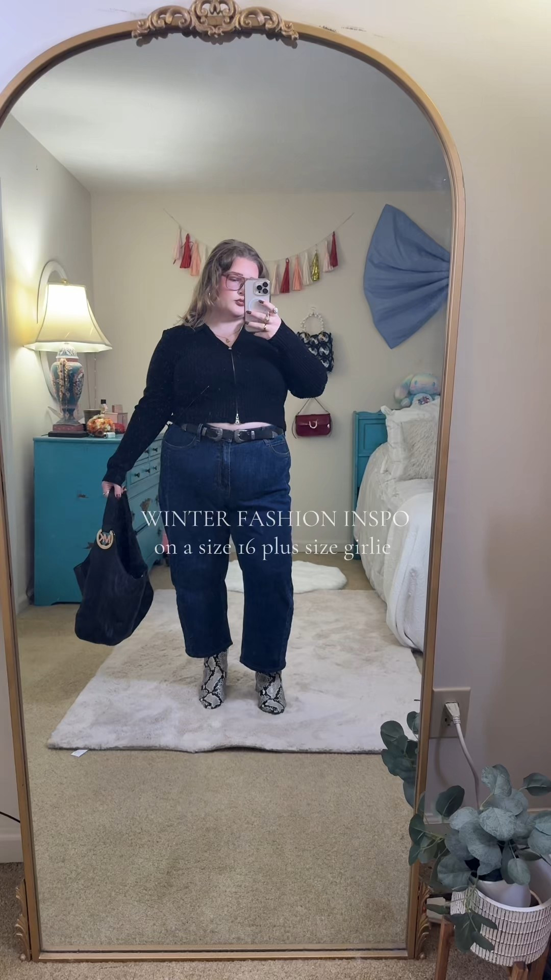 Elevated casual plus size OOTD 🖤 I love a classic jeans and sweater look for winter elevated with some fun accessories. I’m a size 16 curvy plus size girlie wearing XL in the top, 16 in the jeans, and 9 in the boots 

#LTKPlusSize #LTKMidsize #LTKootd