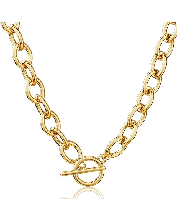 CHESKY 14K Gold Plated Chunky Necklace for Women, Trendy Paperclip Chain Necklace Thick Cross Hea... | Amazon (US)