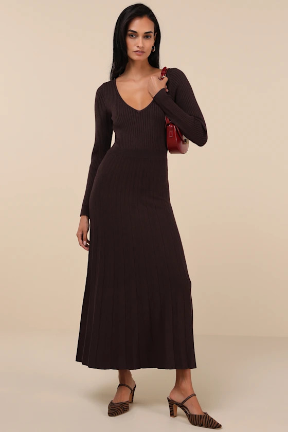 Snuggly Precision Brown Pleated Sweater Midi Dress | Lulus