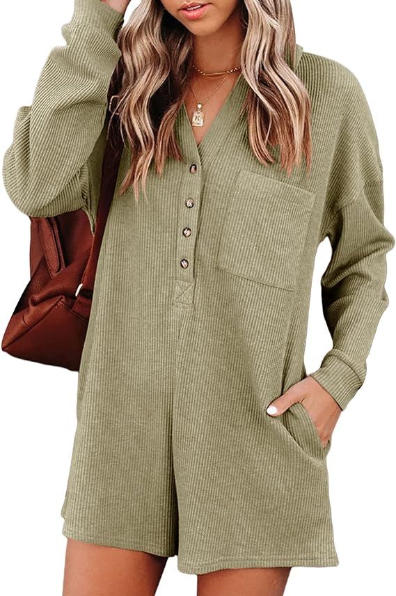 Women's V Neck Button Down Romper Casual Waffle Knit Long Sleeve Playsuit Short One Piece Jumpsui... | Amazon (US)